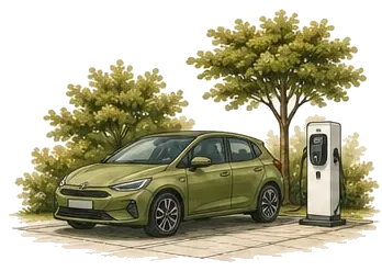 Illustratie van een parkeerplaats met laadpaal en een elektrische auto