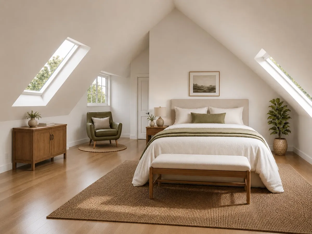 Interieurimpressie van een ruime slaapkamer op de verdieping onder de kap, met dakvensters