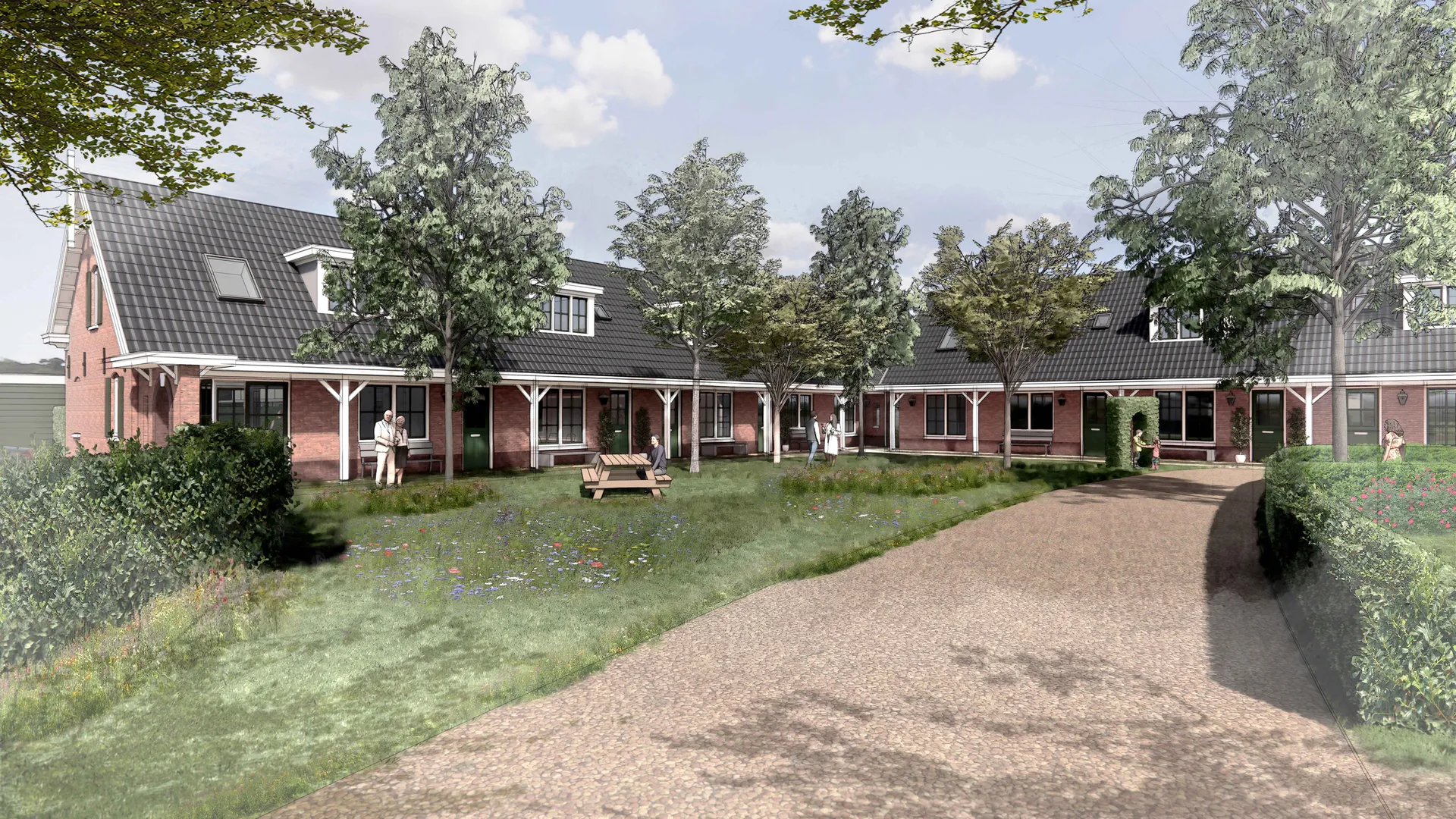 Concept-impressie van de binnentuin van Hof van Voordaen, met woningen met veranda's rond een bloemenweide