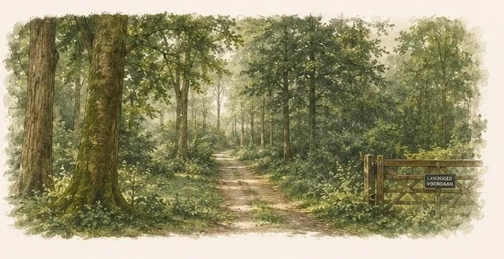 Aquarel van een bospad naar landgoed Voordaan, met een houten toegangshek
