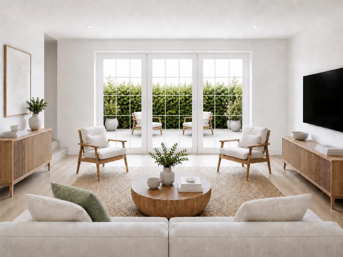 Interieurimpressie tussenwoning: woonkamer met openslaande deuren naar het terras met zitplek