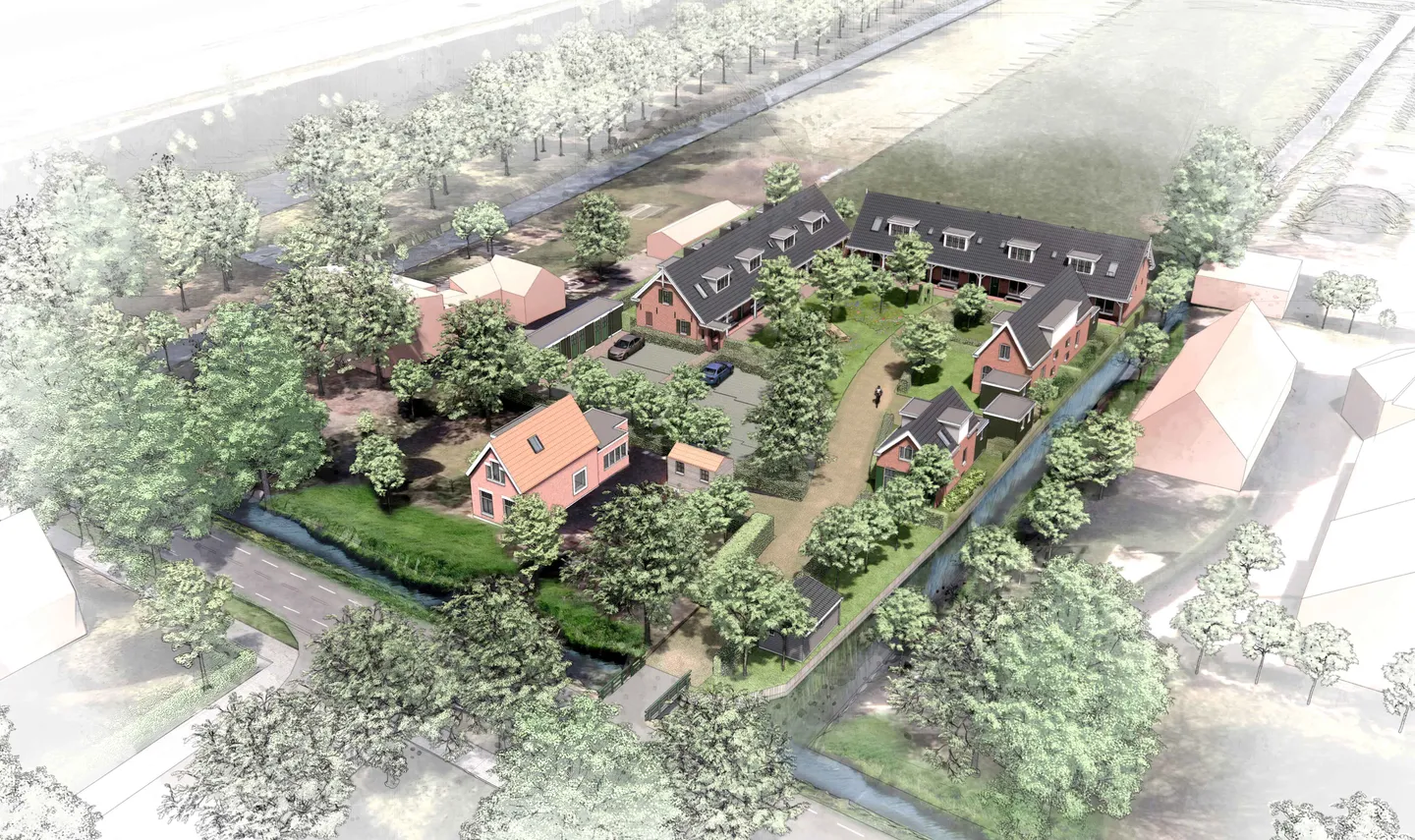 Vogelvlucht-impressie van het hof tussen de weilanden van Groenekan