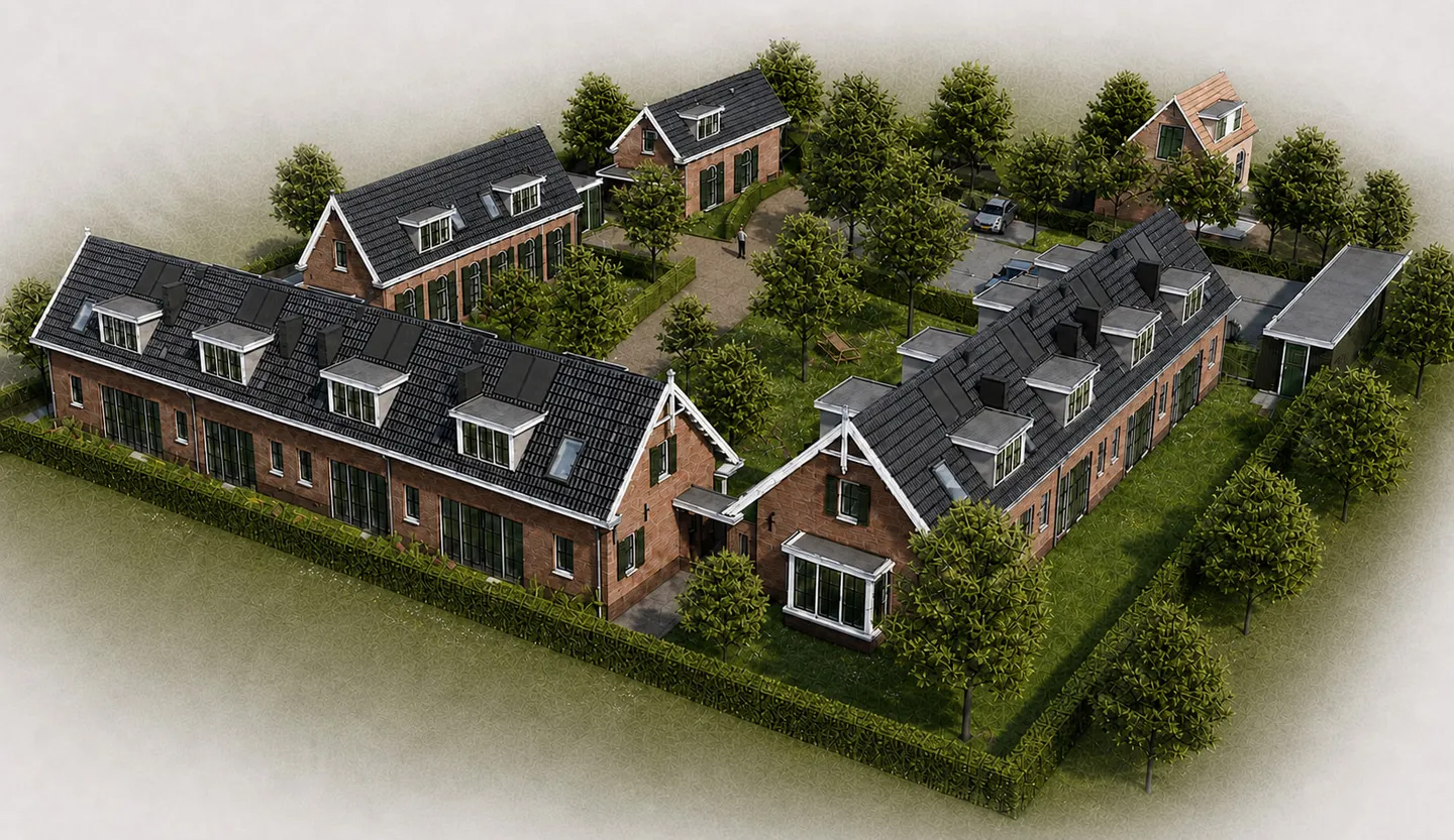 Vogelvlucht-impressie van het hof tussen de weilanden van Groenekan